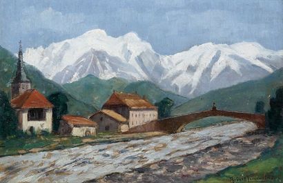 Robert LEMONNIER Saint Martin de Sallanches et Mont Blanc Huile sur carton 155 x...