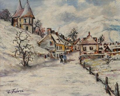 Edouard FEBVRE (1885-1967) Village sous la neige Huile sur toile Signée en bas à...
