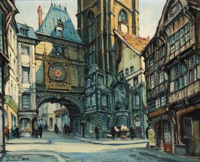 Louis-Jacques VIGON (1897-1985) La tour du Gros Horloge à Rouen Huile sur toile Signée...