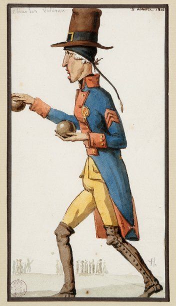 ANONYME Joueur de pétanque, 1816 Aquarelle sur papier Datée en haut à droite Porte...