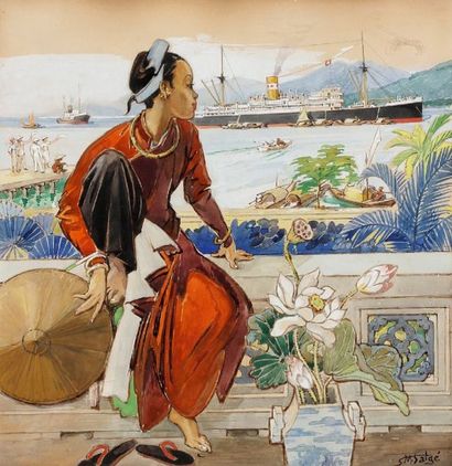 SALGE Femme devant un port Aquarelle et gouache sur papier Signée en bas à droite...