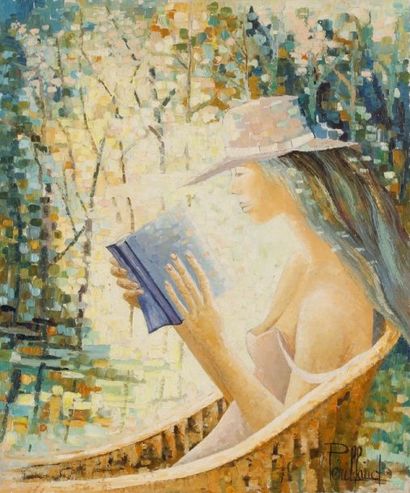 Christiane PERILLAUD (1929-2004) Femme à sa lecture Huile sur toile Signée en bas...