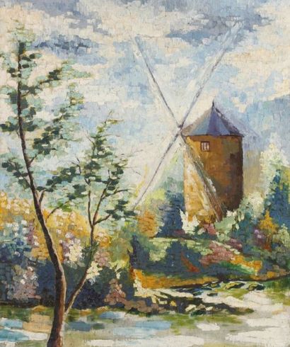 Christiane PERILLAUD (1929-2004) Paysage au moulin Huile sur carton Non signée 55...