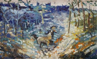 Christiane PERILLAUD (1929-2004) Cheval cavalant Huile sur toile Signée en bas à...