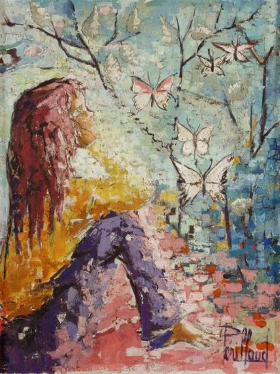 Christiane PERILLAUD (1929-2004) Jeune fille aux papillons Huile sur toile Signée...