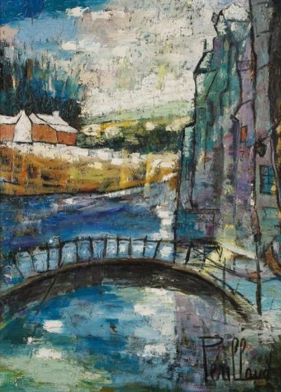 Christiane PERILLAUD (1929-2004) Le pont du village, 1977 Huile sur toile Signée...