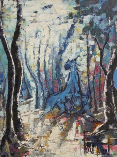 Christiane PERILLAUD (1929-2004) Cheval bleu Huile sur toile Signée en bas à droite...