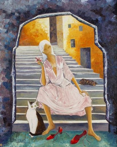 Christiane PERILLAUD (1929-2004) Femme aux chaussures rouges Huile sur toile Signée...