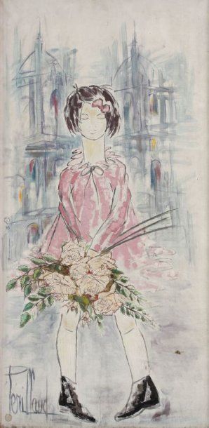 Christiane PERILLAUD (1929-2004) Fillette au bouquet de rose Huile sur toile Signée...