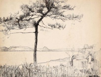 Taddé STYKA [Polonais] (1889-1954) Paysage lacustre avec pin et jeune fille au puits...