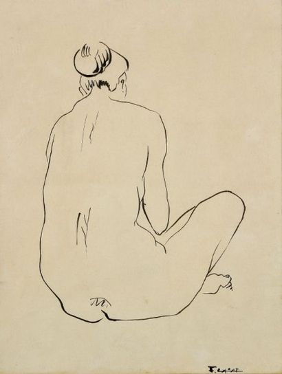 ECOLE MODERNE Etude de femme nue de dos Encre de Chine Signée en bas à droite 27,5...