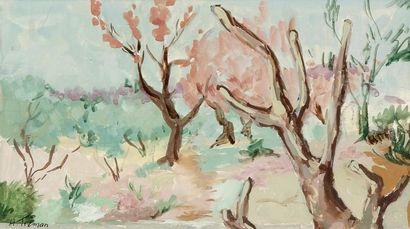 Henriette TIRMAN (1875-1952) Bois Gouache sur papier Signée en bas à gauche 15 x...