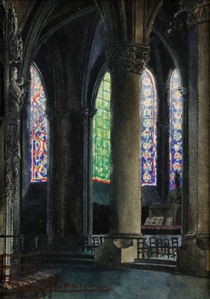 Gaston DELPARD Intérieur de Notre-Dame de Chartres Aquarelle sur papier Signée en...