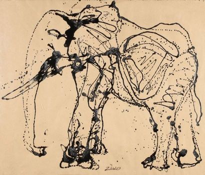 ZIVO (1950-) Eléphant Encre sur papier kraft Signée en bas au centre 63 x 75 cm