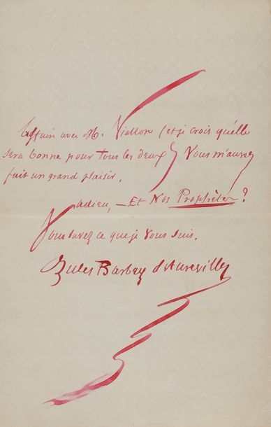 null BARBEY D’AUREVILLY Jules (1808-1889).
L.A.S. « Jules Barbey d’Aurevilly », [1860,...