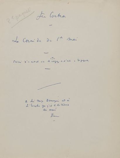 null COCTEAU Jean (1889-1963).
MANUSCRIT autographe signé « Jean Cocteau », La Corrida...