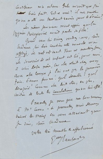 null FLAUBERT Gustave (1821-1880).
L.A.S. « Gve Flaubert », Croisset Lundi soir [29...