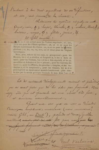 null VERLAINE Paul (1844-1896).
MANUSCRIT signé « Paul Verlaine » avec CORRECTIONS...