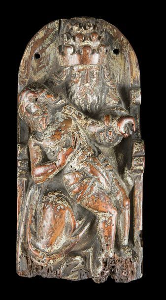null Trône de Grâce en chêne sculpté en fort relief avec restes de polychromie.
XVIe...