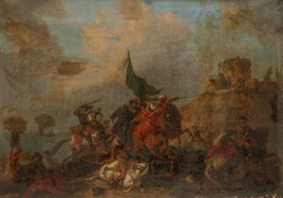 null Jan Peeter VERDUSSEN (Anvers vers 1700 - Avignon 1763)
Choc de cavalerie 
Toile...