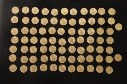 null 79 pièces de 20 Francs en or, dans un sachet numéroté 2017023: 
- 60 pièces...