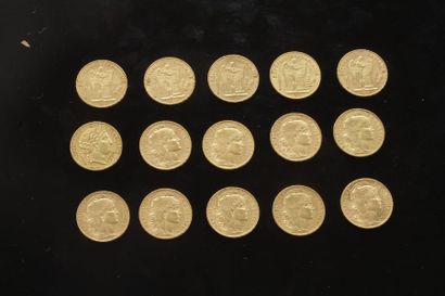 null Lot de 15 pièces de 20 Francs en or :
- 1 pèce de 20 Francs en or. Type Cérès....