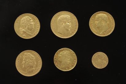 null Lot de 6 pièces françaises en or:
- 1 pièce en or de 50 Francs. Type napoléon...