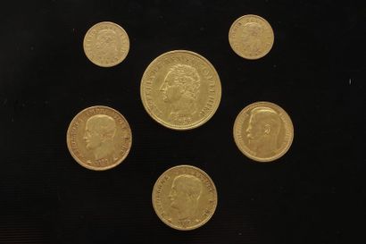null Lot de 6 pièces étrangères en or :
- 1 pièces en or de 80 Lires Charles-Félix...