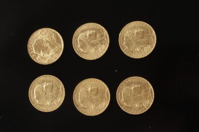 null Lot de 6 pièces en or dont :
- 5 pièces de 20 Francs en or. Type Coq. 1906 -...