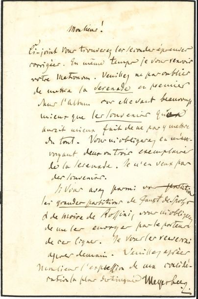 null Giacomo MEYERBEER (1791-1864). L.A.S., à M. Malot ; 1 page in-8 (petit deuil).

...