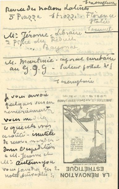 null Émile BERNARD. L.A., [Tonnerre 8 janvier 1917], à Mme Marie Duchâteau à Paris ;...