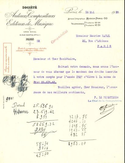 null Maurice RAVEL. Comptes autographes sur une L.S. à lui adressée, 16 mai 1928 ;...