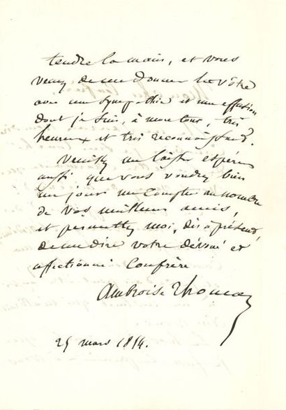 null Ambroise THOMAS (1811-1896). L.A.S., 25 mars 1854, à un confrère [Antoine Clapisson] ;...