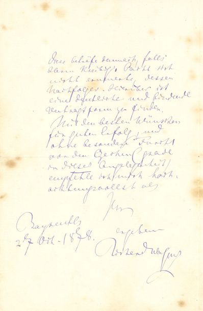 null Richard WAGNER. L.A.S., Bayreuth 27 octobre 1878 ; 2 pages in-8 à l’encre violette...