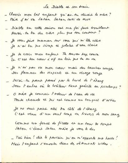 null René Guy CADOU (1920-1951). Manuscrit autographe, Le Diable et son train. 20 Poèmes...