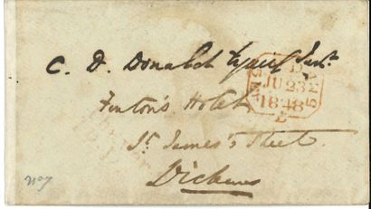 null Charles DICKENS. Enveloppe a.s., [Londres 23 juillet 1848] ; format carte de...