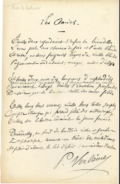null Paul VERLAINE (1844-1896). Poème autographe signé, Les Amies ; 1 page in-8 sur...
