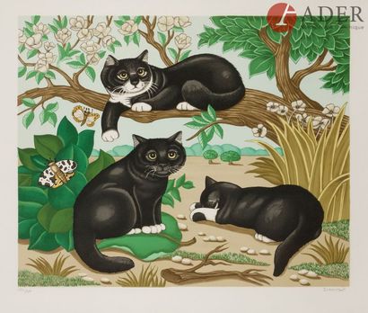 null André DURANTON (1905-2010)
Trois chats - Chat aux oiseaux
2 lithographies.
Signées...