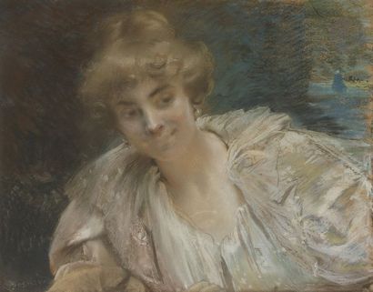null Albert BESNARD (1849 - 1934)
Portrait de femme
Pastel sur papier tendu sur toile.
Signé...