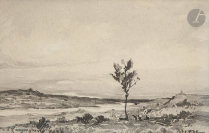 null Henri-Joseph HARPIGNIES (1819 - 1916)
Paysage à l’arbre, 1908
Encre et lavis...