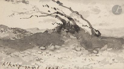 null Henri-Joseph HARPIGNIES (1819 - 1916)
Paysage aux vols d’oiseaux, 1908
Lavis...