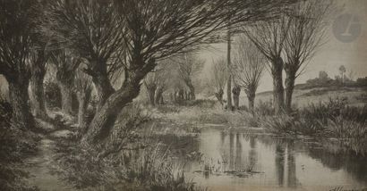 null Auguste ALLONGÉ (1833 - 1898)
Arbres sur la rivière, vers 1870
Fusain.
Signé...