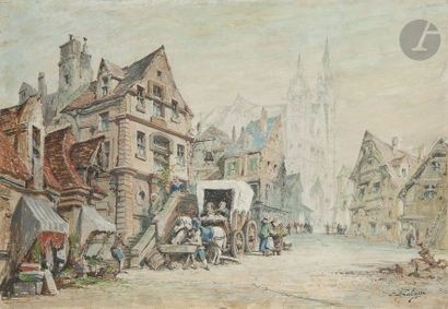 null Eugène GALIEN-LALOUE (1854 - 1941)
Scène de rue animée
Encre et aquarelle.
Signée...