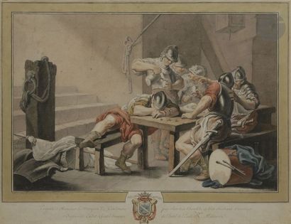 null DESFOSSES, 
ÉCOLE FRANçAISE du XVIIIe siècle
Le Corps de garde, 1771
Aquarelle.
Signée...