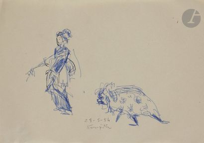 null Léonard-Tsuguharu FOUJITA (1886 - 1968)
élégante au chien, 1954
Encre bleue.
Signé...