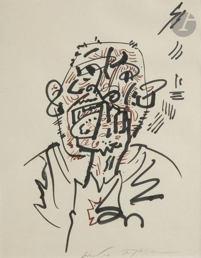 null André MASSON (1896 - 1987)
Portrait d’homme en colère
Feutres de couleurs.
Signé...