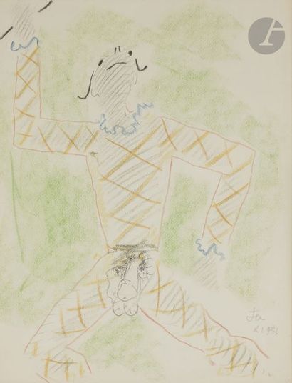 null Jean COCTEAU (1889 - 1963)
Arlequin dansant, 1956
Crayons de couleurs et pastel.
Signé...