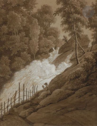 null Alexandre Millin du PERREUX 
(1764 - 1843)
Femme lisant au bord d’une cascade,...