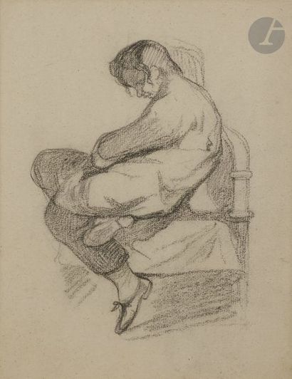 null ÉCOLE FRANÇAISE du XIXe siècle
Femme nue assise
Crayon noir.
Monogrammé au verso...