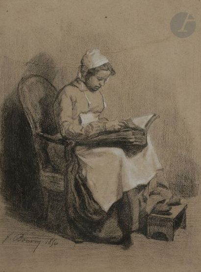 null François BONVIN (1817 - 1887)
Paysanne lisant, 1850
Fusain et craie blanche...
